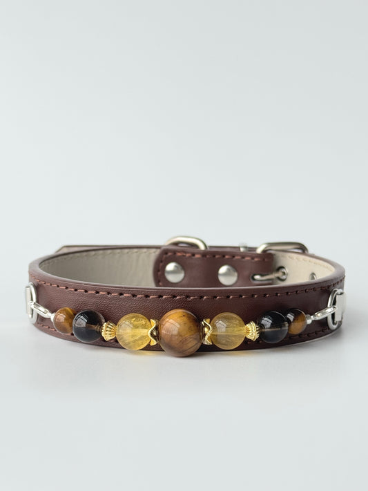 Tiger Eye, Tea Quartz & Yellow Fluorite Crystal Pet Collar