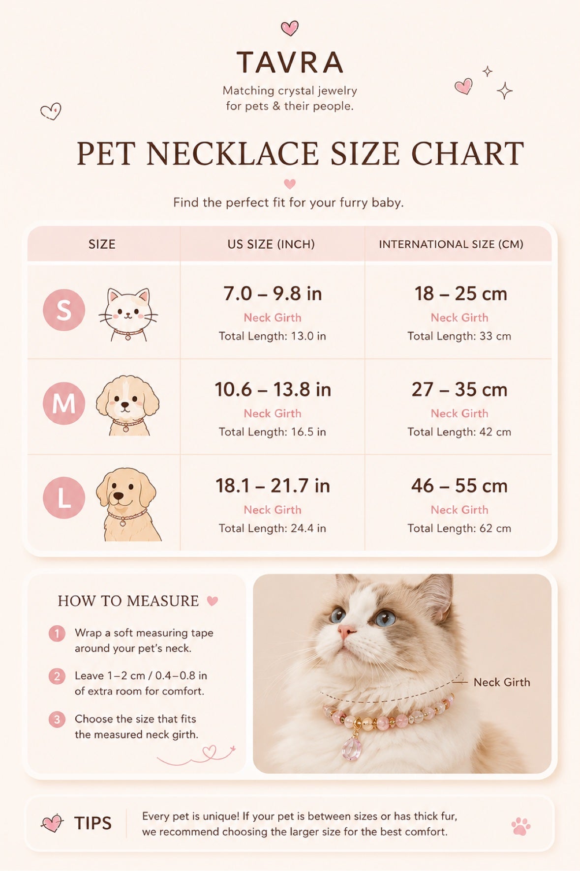 TAVRA pet necklace size chart - S M L neck girth in cm and inch
