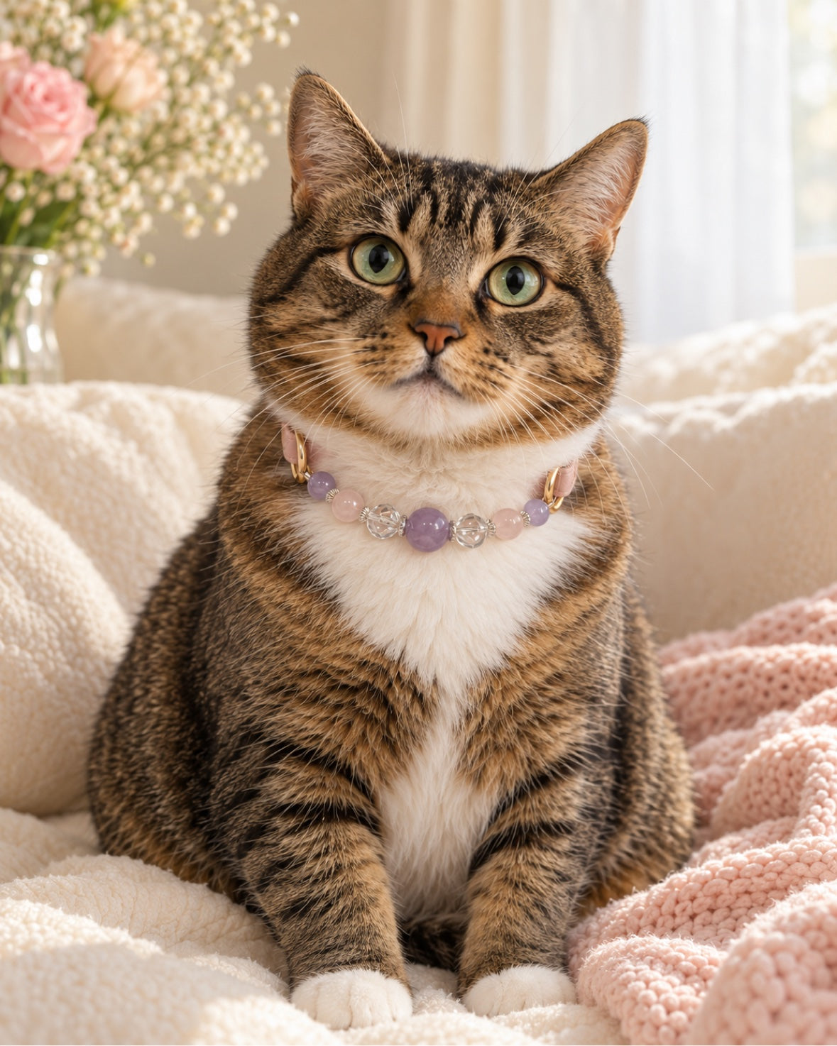 Cat wearing the Rose Quartz Lavender Amethyst crystal pet collar