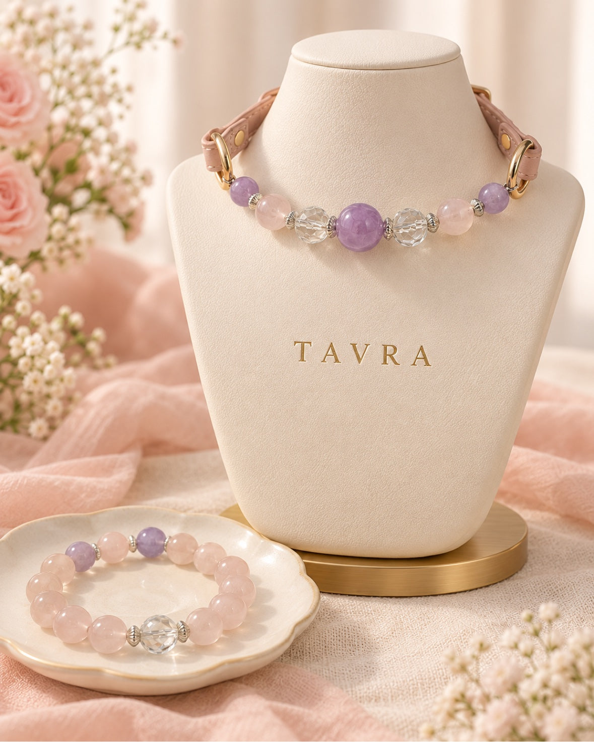 Matching crystal set - pet collar and human bracelet on TAVRA display