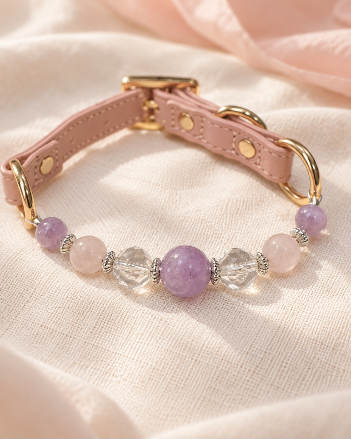 Blush pink leather pet collar with rose quartz, lavender amethyst and white azeztulite beads
