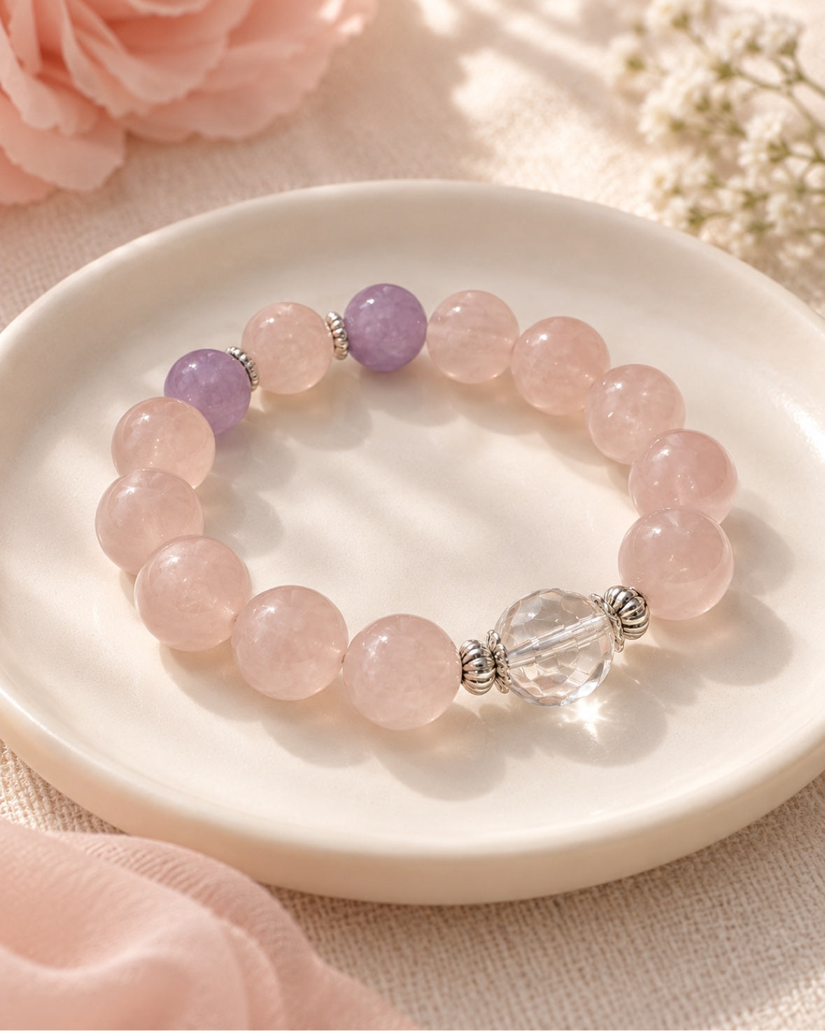 Matching human bracelet with rose quartz, lavender amethyst and white azeztulite
